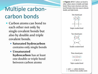 Multiple carbon-carbon 
bonds 
 Carbon atoms can bond to 
each other not only by 
single covalent bonds but 
also by double and triple 
covalent bonds. 
 Saturated hydrocarbon 
contains only single bonds 
 Unsaturated 
hydrocarbon has at least 
one double or triple bond 
between carbon atoms 
 