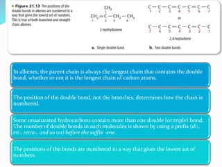In alkenes, the parent chain is always the longest chain that contains the double 
bond, whether or not it is the longest chain of carbon atoms. 
The position of the double bond, not the branches, determines how the chain is 
numbered. 
Some unsaturated hydrocarbons contain more than one double (or triple) bond. 
The number of double bonds in such molecules is shown by using a prefix (di-, 
tri-, tetra-, and so on) before the suffix -ene. 
The positions of the bonds are numbered in a way that gives the lowest set of 
numbers. 
 