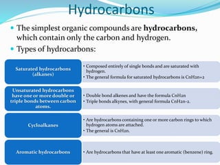 Hydrocarbons 
 The simplest organic compounds are hydrocarbons, 
which contain only the carbon and hydrogen. 
 Types of hydrocarbons: 
• Composed entirely of single bonds and are saturated with 
hydrogen. 
• The general formula for saturated hydrocarbons is CnH2n+2 
Saturated hydrocarbons 
(alkanes) 
• Double bond alkenes and have the formula CnH2n 
• Triple bonds alkynes, with general formula CnH2n-2. 
Unsaturated hydrocarbons 
have one or more double or 
triple bonds between carbon 
atoms. 
• Are hydrocarbons containing one or more carbon rings to which 
hydrogen atoms are attached. 
• The general is CnH2n. 
Cycloalkanes 
• Are hydrocarbons that have Aromatic hydrocarbons at least one aromatic (benzene) ring. 
 
