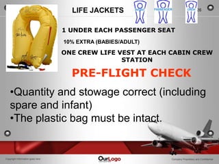 LIFE JACKETS                                  26



                                  1 UNDER EACH PASSENGER SEAT
                                  10% EXTRA (BABIES/ADULT)

                                  ONE CREW LIFE VEST AT EACH CABIN CREW
                                                 STATION

                                    PRE-FLIGHT CHECK
   •Quantity and stowage correct (including
   spare and infant)
   •The plastic bag must be intact.


Copyright Information goes here                              Company Proprietary and Confidential
 