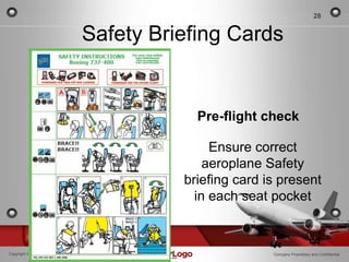 28


                                  Safety Briefing Cards


                                              Pre-flight check

                                                 Ensure correct
                                                aeroplane Safety
                                            briefing card is present
                                              in each seat pocket



Copyright Information goes here                            Company Proprietary and Confidential
 