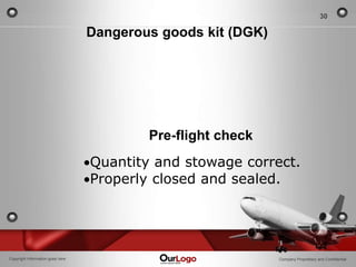 30

                                  Dangerous goods kit (DGK)




                                          Pre-flight check
                                  Quantity and stowage correct.
                                  Properly closed and sealed.




Copyright Information goes here                               Company Proprietary and Confidential
 