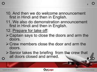 8




      10. And then we do welcome announcement
        first in Hindi and then in English.
      11. We also do demonstration announcement
        first in Hindi and then in English.
      12. Prepare for take off:
       Captain says to close the doors and arm the
        doors.
       Crew members close the door and arm the
        doors.
       Senior takes the briefing from the crew that
        all doors closed and armed.


Copyright Information goes here              Company Proprietary and Confidential
 