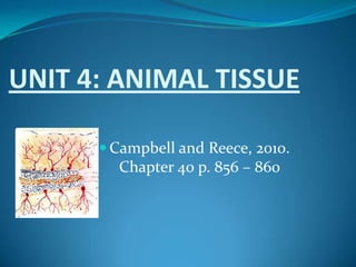 UNIT 4: ANIMAL TISSUE
 Campbell and Reece, 2010.
Chapter 40 p. 856 – 860
 