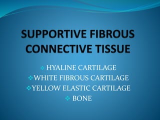  HYALINE CARTILAGE
WHITE FIBROUS CARTILAGE
YELLOW ELASTIC CARTILAGE
 BONE
 