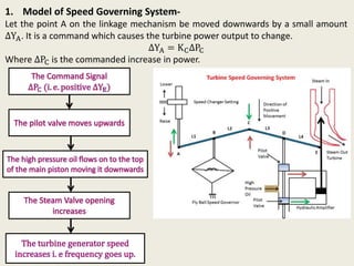 1. Model of Speed Governing System-
Let the point A on the linkage mechanism be moved downwards by a small amount
∆YA. It is a command which causes the turbine power output to change.
∆YA = KC∆PC
Where ∆PC is the commanded increase in power.
 