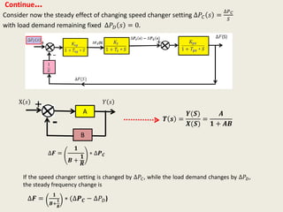 Continue…
Consider now the steady effect of changing speed changer setting ∆𝑃𝐶 𝑠 =
∆𝑃 𝐶
𝑆
with load demand remaining fixed ∆𝑃 𝐷 𝑠 = 0.
A
B
X 𝑠 + 𝑌 𝑠
𝑻 𝒔 =
𝒀(𝑺)
𝑿(𝑺)
=
𝑨
𝟏 + 𝑨𝑩-
∆𝑭 =
𝟏
𝑩 +
𝟏
𝑹
∗ ∆𝑷 𝑪
If the speed changer setting is changed by ∆𝑃𝐶, while the load demand changes by ∆𝑃 𝐷,
the steady frequency change is
∆𝑭 =
𝟏
𝑩+
𝟏
𝑹
∗ (∆𝑷 𝑪 − ∆𝑃 𝐷)
 