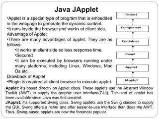 •Applet is a special type of program that is embedded
in the webpage to generate the dynamic content.
•It runs inside the browser and works at client side.
Advantage of Applet
•There are many advantages of applet. They are as
follows:
•It works at client side so less response time.
•Secured
•It can be executed by browsers running under
many platforms, including Linux, Windows, Mac
Os etc.
Drawback of Applet
•Plugin is required at client browser to execute applet.
Java JApplet
Applet: it’s based directly on Applet class. These applets use the Abstract Window
Toolkit (AWT) to supply the graphic user interface(GUI). This sort of applet has
been available since Java was first created.
JApplet: it’s supported Swing class. Swing applets use the Swing classes to supply
the GUI. Swing offers a richer and ofter easier-to-use interface than does the AWT.
Thus, Swing-based applets are now the foremost popular.
 