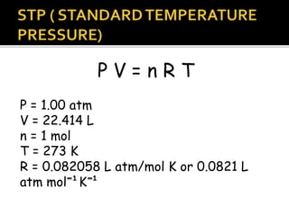 P V = n R T
P = 1.00 atm
V = 22.414 L
n = 1 mol
T = 273 K
R = 0.082058 L atm/mol K or 0.0821 L
atm mol ¹K ¹
 