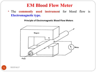 EM Blood Flow Meter
• The commonly used instrument for blood flow is
Electromagnetic type.
71 DEEPAK.P
 