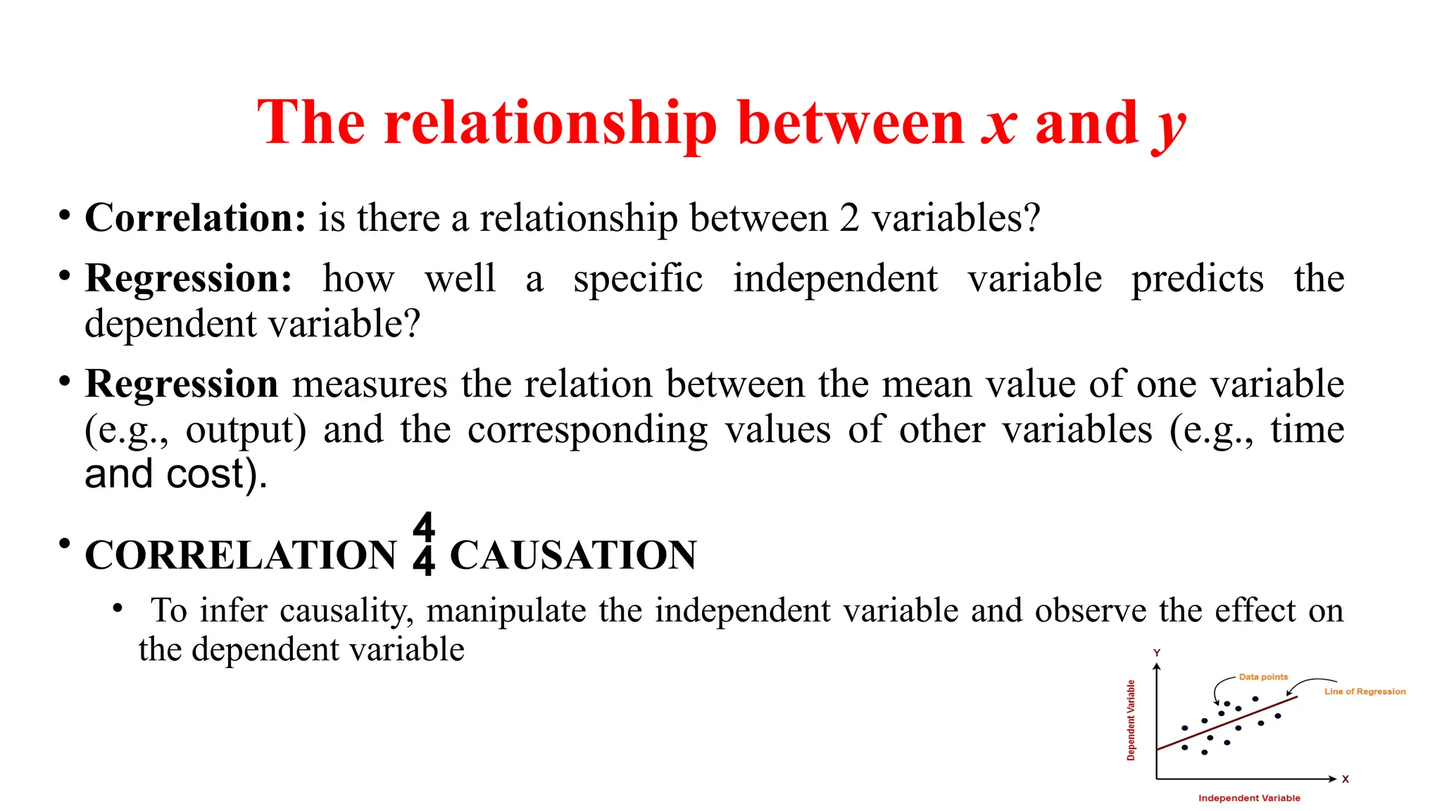 The relationship between x and y
• Correlation: is there a relationship between 2 variables?
• Regression: how well a specific independent variable predicts the
dependent variable?
• Regression measures the relation between the mean value of one variable
(e.g., output) and the corresponding values of other variables (e.g., time
and cost).
• CORRELATION  CAUSATION
• To infer causality, manipulate the independent variable and observe the effect on
the dependent variable
 