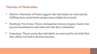 4
Theories of Motivation
• Maslow's Hierarchy of Needs suggests that individuals are motivated by
fulfilling basic needs before progressing to higher-level needs.
• Herzberg's Two-Factor Theory distinguishes between hygiene factors that
prevent dissatisfaction and motivators that drive satisfaction.
• Expectancy Theory posits that individuals are motivated by the belief that
their efforts will lead to desired outcomes.
 