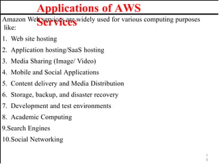 Applications of AWS
Services
1
5
Amazon Web services are widely used for various computing purposes
like:
1. Web site hosting
2. Application hosting/SaaS hosting
3. Media Sharing (Image/ Video)
4. Mobile and Social Applications
5. Content delivery and Media Distribution
6. Storage, backup, and disaster recovery
7. Development and test environments
8. Academic Computing
9.Search Engines
10.Social Networking
 