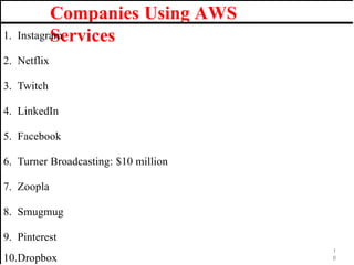 Companies Using AWS
Services
1. Instagram
2. Netflix
3. Twitch
4. LinkedIn
5. Facebook
6. Turner Broadcasting: $10 million
7. Zoopla
8. Smugmug
9. Pinterest
1
6
10.Dropbox
 