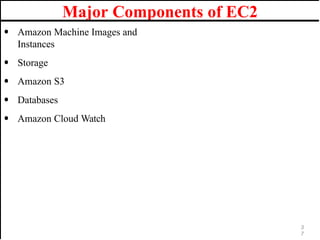 Major Components of EC2
• Amazon Machine Images and
Instances
• Storage
• Amazon S3
• Databases
• Amazon Cloud Watch
3
7
 
