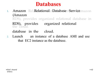 1. Amazon Relational Database Service
(Amazon
RDS), provides organized relational
database in the cloud.
2. Launch an instance of a database AMI and use
that EC2 instance as the database.
Prof. Anand
Gharu
42
Databases
 