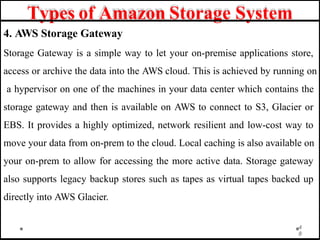 Types of Amazon Storage System
4. AWS Storage Gateway
Storage Gateway is a simple way to let your on-premise applications store,
access or archive the data into the AWS cloud. This is achieved by running on
a hypervisor on one of the machines in your data center which contains the
storage gateway and then is available on AWS to connect to S3, Glacier or
EBS. It provides a highly optimized, network resilient and low-cost way to
move your data from on-prem to the cloud. Local caching is also available on
your on-prem to allow for accessing the more active data. Storage gateway
also supports legacy backup stores such as tapes as virtual tapes backed up
directly into AWS Glacier.
4
8
 