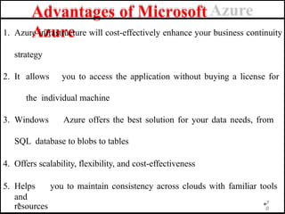 Advantages of Microsoft
Azure
7
0
1. Azure infrastructure will cost-effectively enhance your business continuity
strategy
2. It allows you to access the application without buying a license for
the individual machine
3. Windows Azure offers the best solution for your data needs, from
SQL database to blobs to tables
4. Offers scalability, flexibility, and cost-effectiveness
5. Helps you to maintain consistency across clouds with familiar tools
and
resources
 