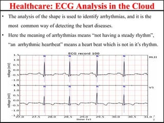 Healthcare: ECG Analysis in the Cloud
• The analysis of the shape is used to identify arrhythmias, and it is the
most common way of detecting the heart diseases.
• Here the meaning of arrhythmias means “not having a steady rhythm”,
“an arrhythmic heartbeat” means a heart beat which is not in it’s rhythm.
7
9
 