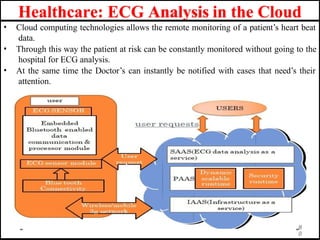 Healthcare: ECG Analysis in the Cloud
• Cloud computing technologies allows the remote monitoring of a patient’s heart beat
data.
• Through this way the patient at risk can be constantly monitored without going to the
hospital for ECG analysis.
• At the same time the Doctor’s can instantly be notified with cases that need’s their
attention.
8
0
 