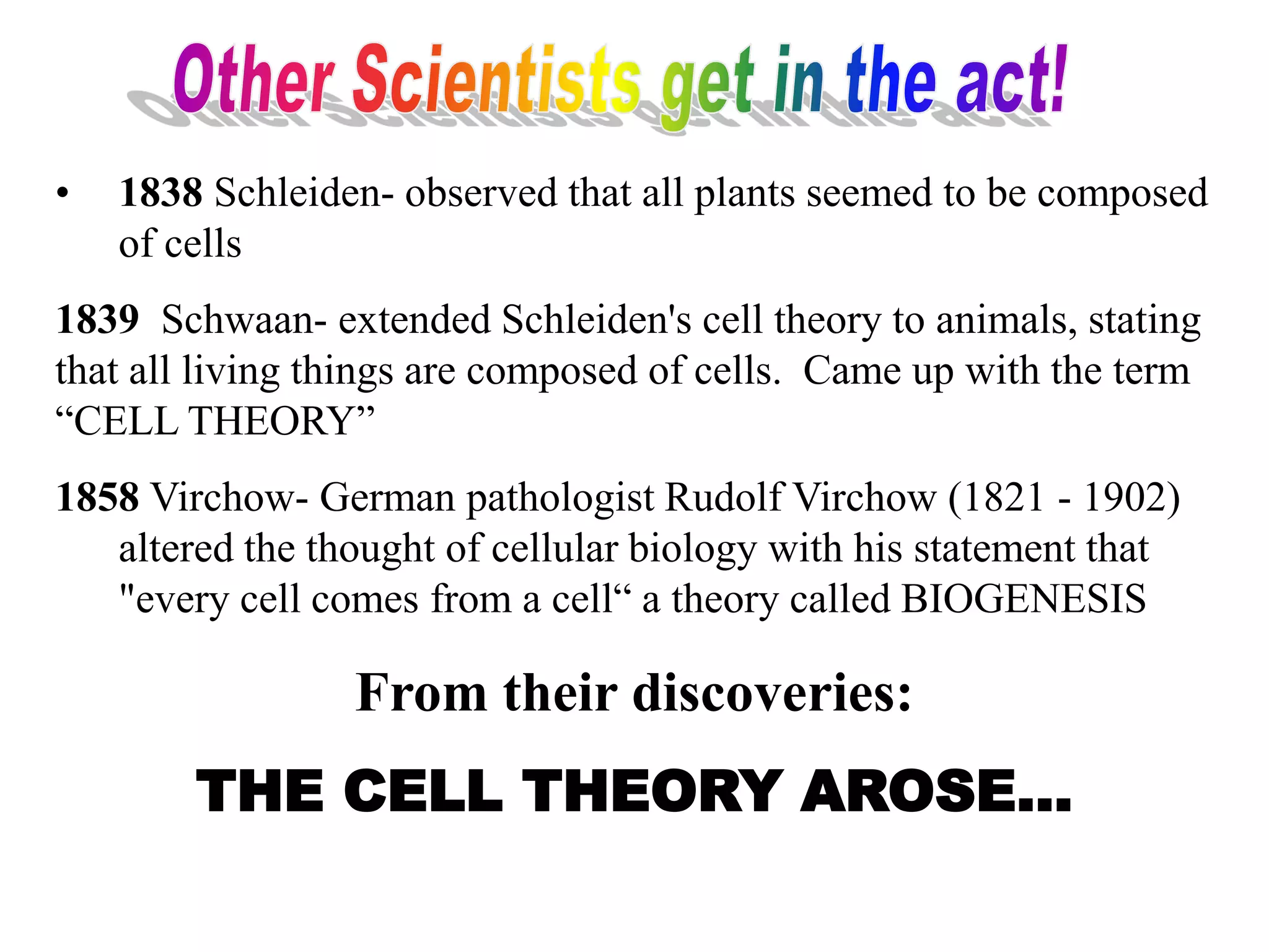 •   1838 Schleiden- observed that all plants seemed to be composed
    of cells
1839 Schwaan- extended Schleiden's cell theory to animals, stating
that all living things are composed of cells. Came up with the term
“CELL THEORY”
1858 Virchow- German pathologist Rudolf Virchow (1821 - 1902)
   altered the thought of cellular biology with his statement that
   "every cell comes from a cell“ a theory called BIOGENESIS

                 From their discoveries:
        THE CELL THEORY AROSE…
 