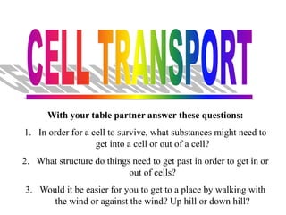 With your table partner answer these questions:
1. In order for a cell to survive, what substances might need to
                   get into a cell or out of a cell?
2. What structure do things need to get past in order to get in or
                           out of cells?
3. Would it be easier for you to get to a place by walking with
      the wind or against the wind? Up hill or down hill?
 
