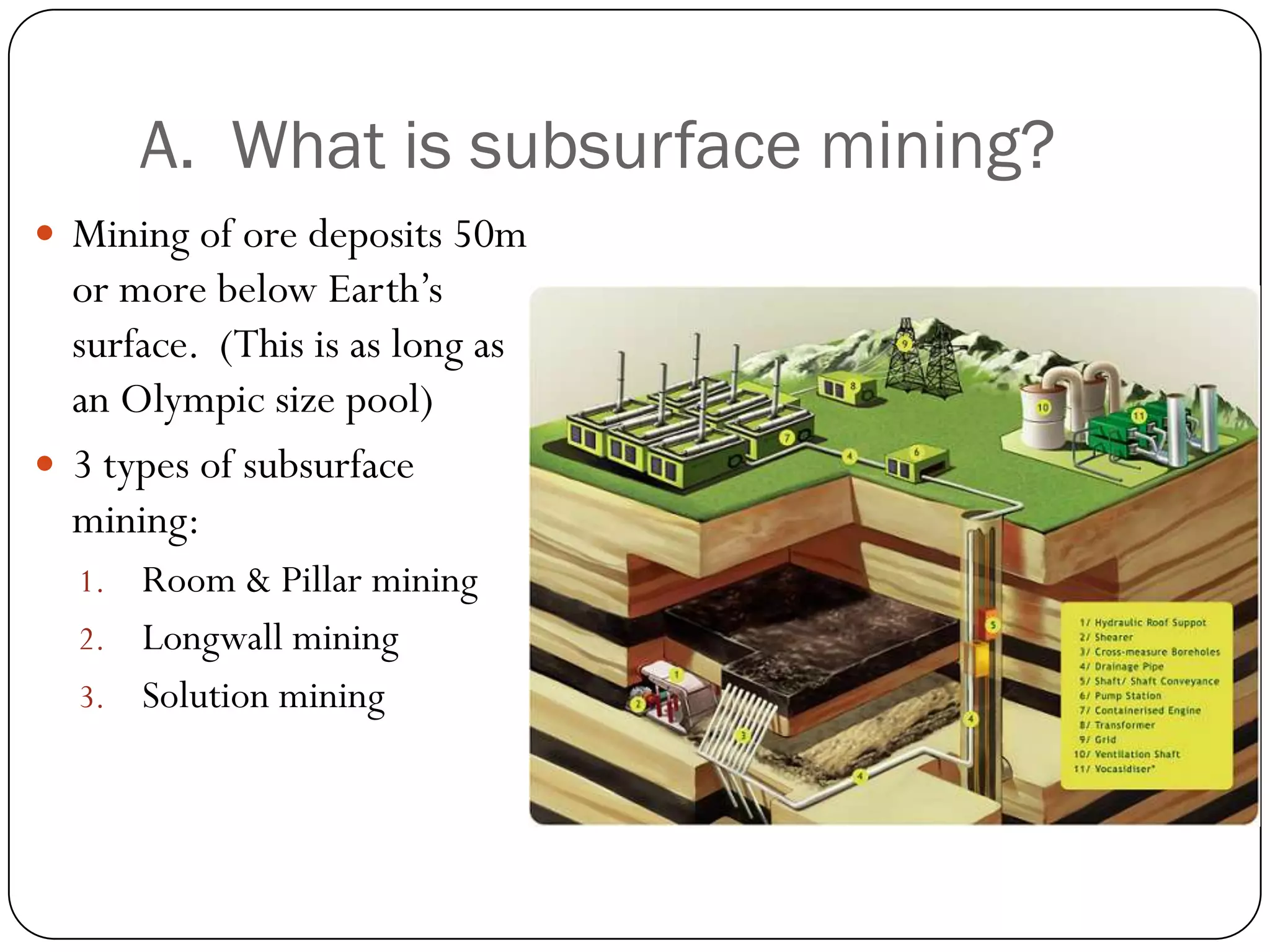 A. What is subsurface mining?
 Mining of ore deposits 50m
  or more below Earth’s
  surface. (This is as long as
  an Olympic size pool)
 3 types of subsurface
  mining:
  1. Room & Pillar mining
  2. Longwall mining
  3. Solution mining
 