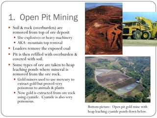 1. Open Pit Mining
 Soil & rock (overburden) are
  removed from top of ore deposit
    Use explosives or heavy machinery
    AKA- mountain top removal
 Loaders remove the exposed coal
 Pit is then refilled with overburden &
  covered with soil.
 Some types of ore are taken to heap
  leaching ponds where mineral is
  removed from the ore rock.
    Gold miners used to use mercury to
     extract gold but proved very
     poisonous to animals & plants
    Now gold is extracted from ore rock
     using cyanide. Cyanide is also very
     poisonous.
                                           Bottom picture: Open pit gold mine with
                                           heap leaching cyanide ponds down below.
 