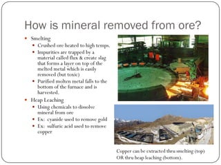 How is mineral removed from ore?
 Smelting
   Crushed ore heated to high temps.
   Impurities are trapped by a
     material called flux & create slag
     that forms a layer on top of the
     melted metal which is easily
     removed (but toxic)
    Purified molten metal falls to the
     bottom of the furnace and is
     harvested.
 Heap Leaching
   Using chemicals to dissolve
     mineral from ore
    Ex: cyanide used to remove gold
    Ex: sulfuric acid used to remove
     copper


                                          Copper can be extracted thru smelting (top)
                                          OR thru heap leaching (bottom).
 