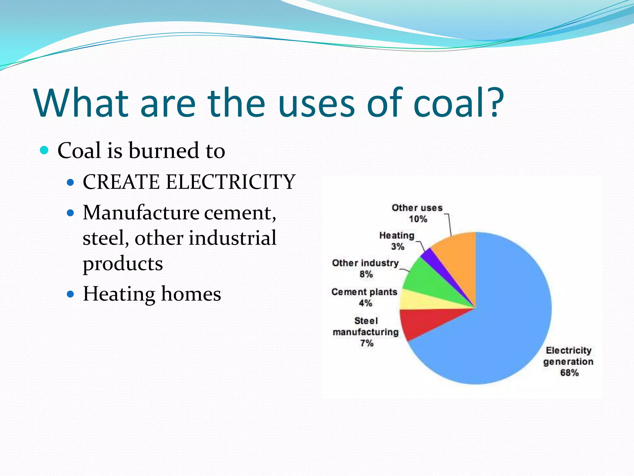 What are the uses of coal?
 Coal is burned to
    CREATE ELECTRICITY
    Manufacture cement,
     steel, other industrial
     products
    Heating homes
 