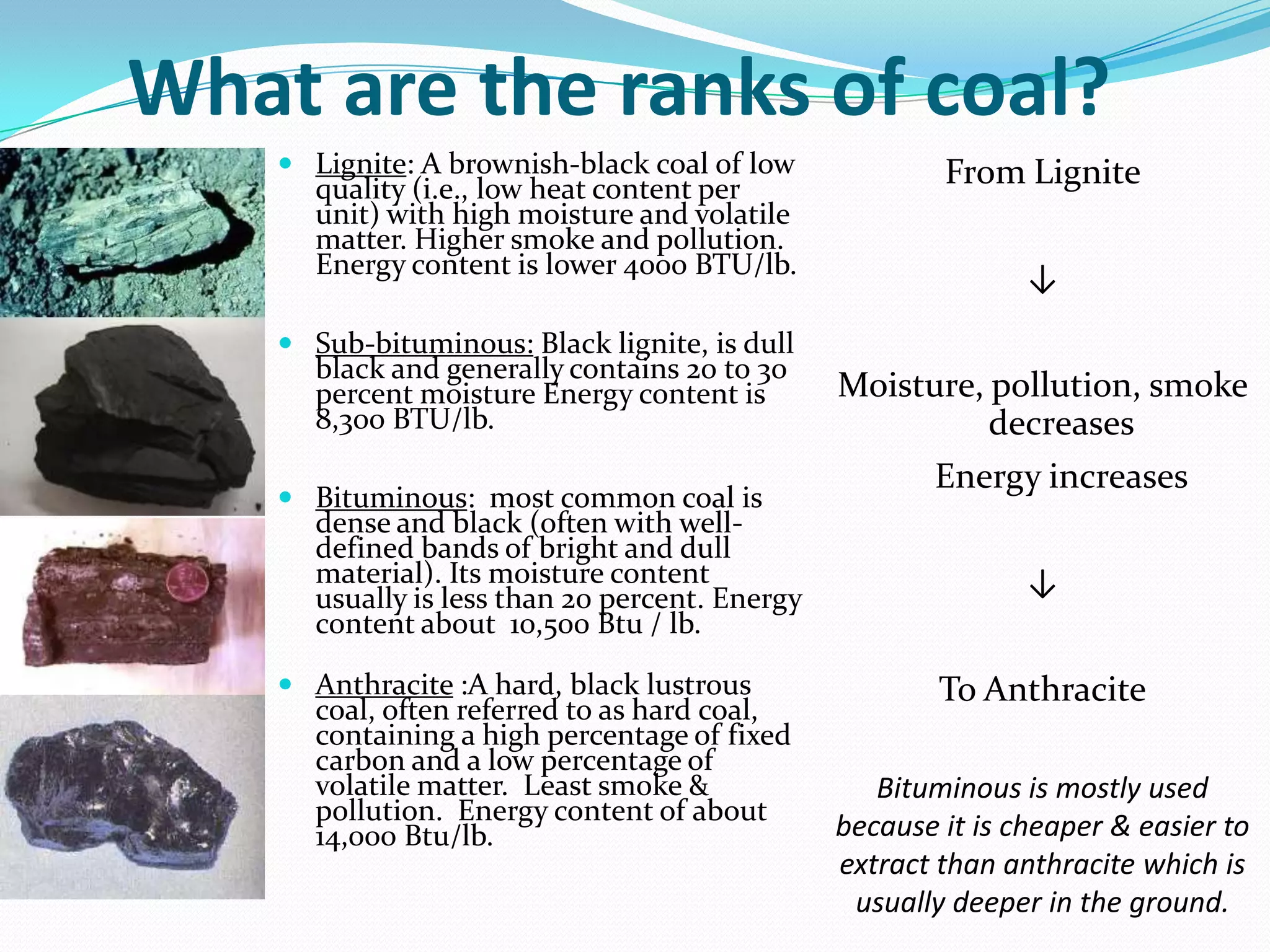 What are the ranks of coal?
     Lignite: A brownish-black coal of low             From Lignite
      quality (i.e., low heat content per
      unit) with high moisture and volatile
      matter. Higher smoke and pollution.
      Energy content is lower 4000 BTU/lb.
                                                               ↓
     Sub-bituminous: Black lignite, is dull
      black and generally contains 20 to 30
      percent moisture Energy content is        Moisture, pollution, smoke
      8,300 BTU/lb.                                       decreases
                                                       Energy increases
     Bituminous: most common coal is
      dense and black (often with well-
      defined bands of bright and dull
      material). Its moisture content                          ↓
      usually is less than 20 percent. Energy
      content about 10,500 Btu / lb.

     Anthracite :A hard, black lustrous                To Anthracite
      coal, often referred to as hard coal,
      containing a high percentage of fixed
      carbon and a low percentage of
      volatile matter. Least smoke &               Bituminous is mostly used
      pollution. Energy content of about
      14,000 Btu/lb.                            because it is cheaper & easier to
                                                extract than anthracite which is
                                                 usually deeper in the ground.
 