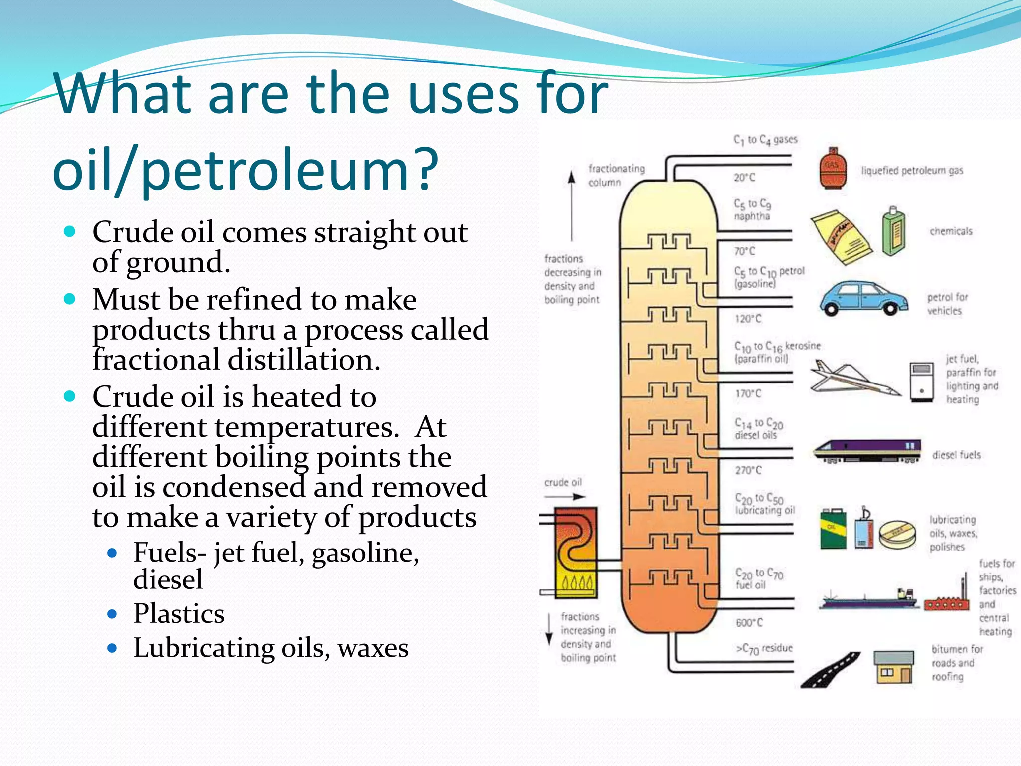 What are the uses for
oil/petroleum?
 Crude oil comes straight out
  of ground.
 Must be refined to make
  products thru a process called
  fractional distillation.
 Crude oil is heated to
  different temperatures. At
  different boiling points the
  oil is condensed and removed
  to make a variety of products
    Fuels- jet fuel, gasoline,
     diesel
    Plastics
    Lubricating oils, waxes
 