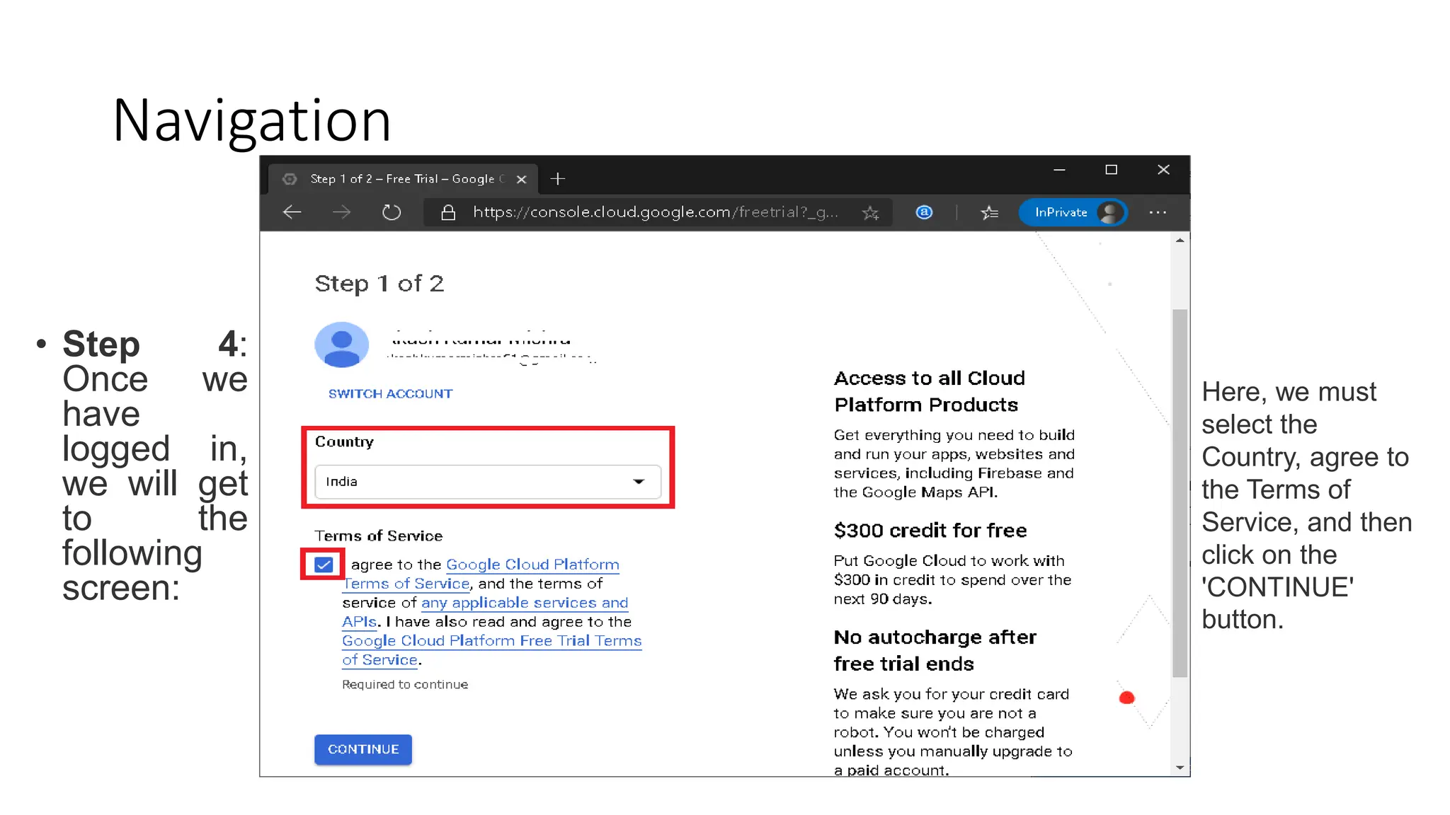 Navigation
• Step 4:
Once we
have
logged in,
we will get
to the
following
screen:
Here, we must
select the
Country, agree to
the Terms of
Service, and then
click on the
'CONTINUE'
button.
 