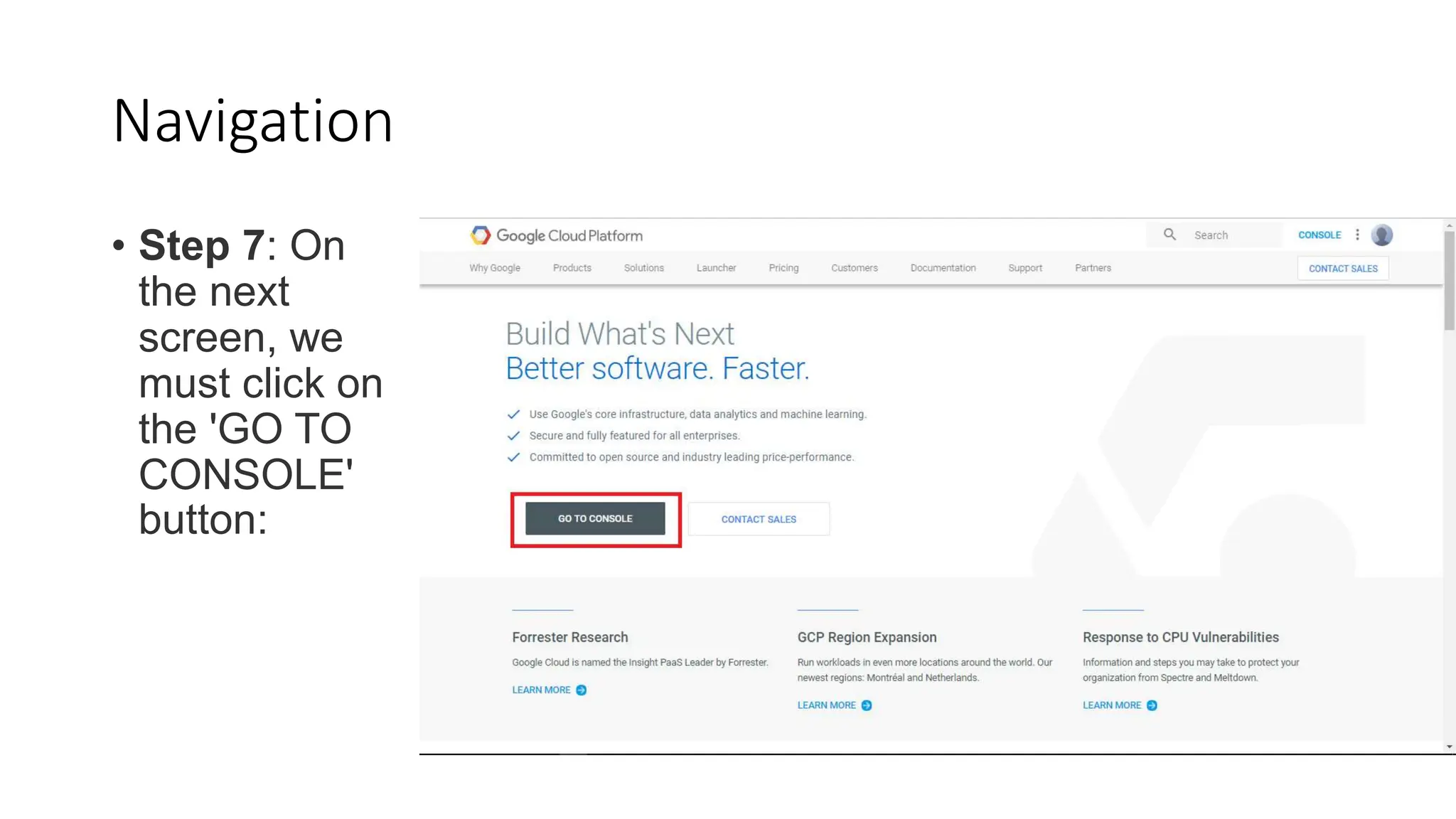 Navigation
• Step 7: On
the next
screen, we
must click on
the 'GO TO
CONSOLE'
button:
 