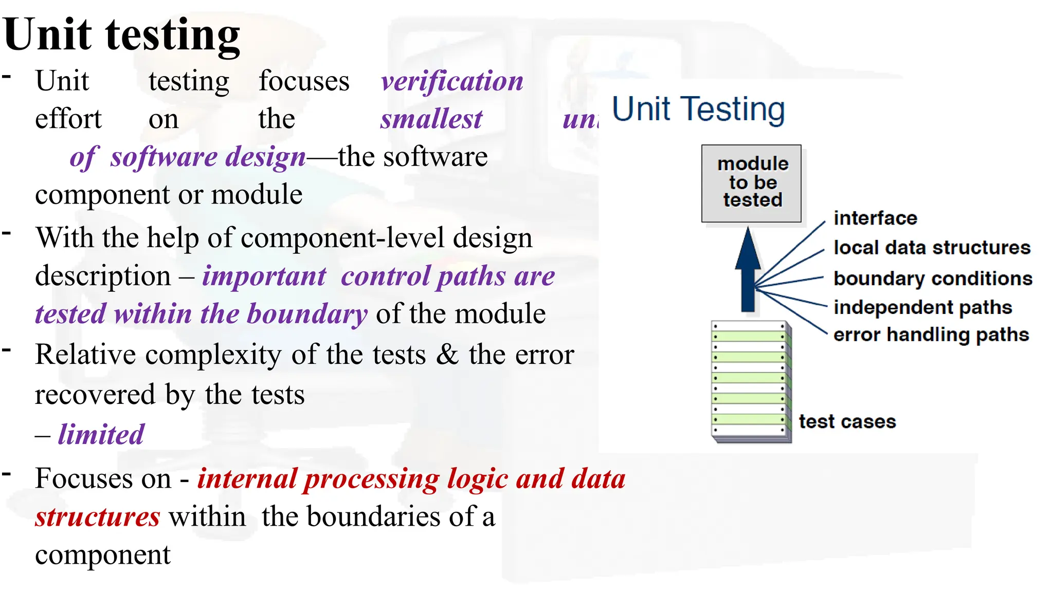 Unit testing
- Unit testing focuses verification
effort on the smallest unit
of software design—the software
component or module
- With the help of component-level design
description – important control paths are
tested within the boundary of the module
- Relative complexity of the tests & the error
recovered by the tests
– limited
- Focuses on - internal processing logic and data
structures within the boundaries of a
component
 