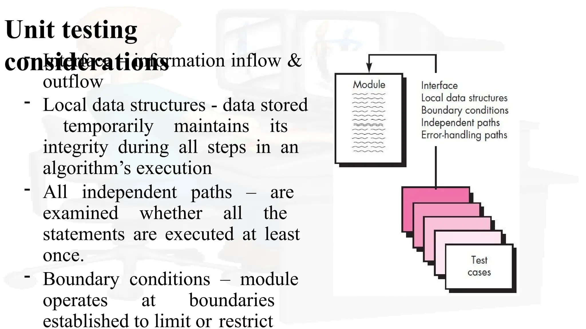 Unit testing
considerations
- Interface – information inflow &
outflow
- Local data structures - data stored
temporarily maintains its
integrity during all steps in an
algorithm’s execution
- All independent paths – are
examined whether all the
statements are executed at least
once.
- Boundary conditions – module
operates at boundaries
established to limit or restrict
 