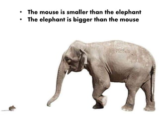 • The mouse is smaller than the elephant
• The elephant is bigger than the mouse
 