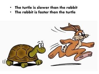 • The turtle is slower than the rabbit
• The rabbit is faster than the turtle
 