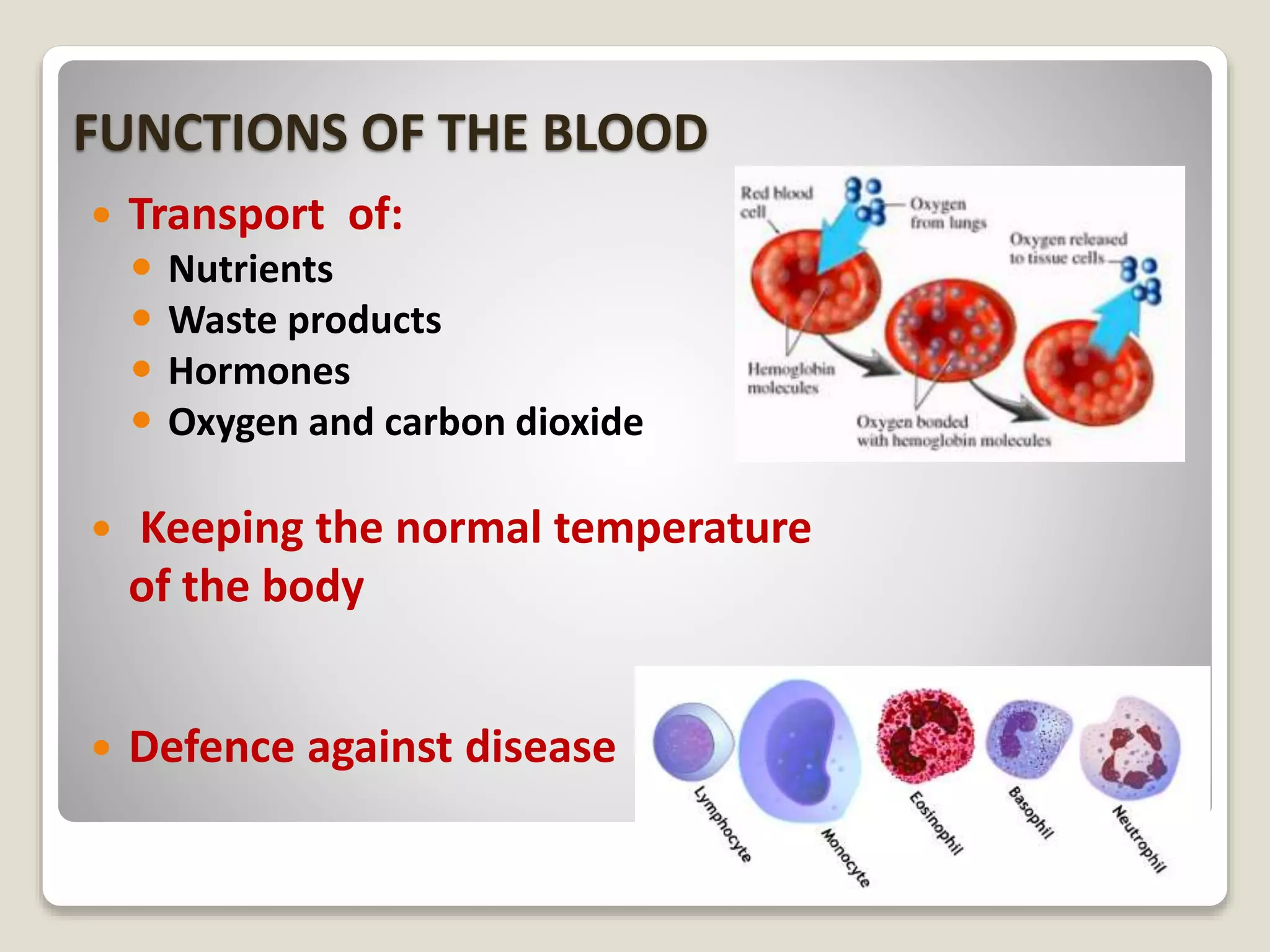 FUNCTIONS OF THE BLOOD
 Transport of:
 Nutrients
 Waste products
 Hormones
 Oxygen and carbon dioxide
 Keeping the normal temperature
of the body
 Defence against disease
 
