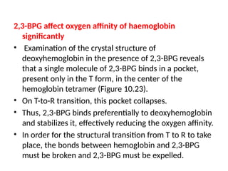 2,3-BPG affect oxygen affinity of haemoglobin
significantly
• Examination of the crystal structure of
deoxyhemoglobin in the presence of 2,3-BPG reveals
that a single molecule of 2,3-BPG binds in a pocket,
present only in the T form, in the center of the
hemoglobin tetramer (Figure 10.23).
• On T-to-R transition, this pocket collapses.
• Thus, 2,3-BPG binds preferentially to deoxyhemoglobin
and stabilizes it, effectively reducing the oxygen affinity.
• In order for the structural transition from T to R to take
place, the bonds between hemoglobin and 2,3-BPG
must be broken and 2,3-BPG must be expelled.
 