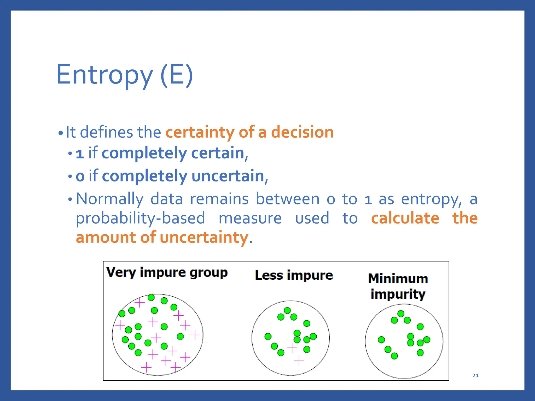 Entropy (E)
•It defines the certainty of a decision
• 1 if completely certain,
• 0 if completely uncertain,
• Normally data remains between 0 to 1 as entropy, a
probability-based measure used to calculate the
amount of uncertainty.
21
 