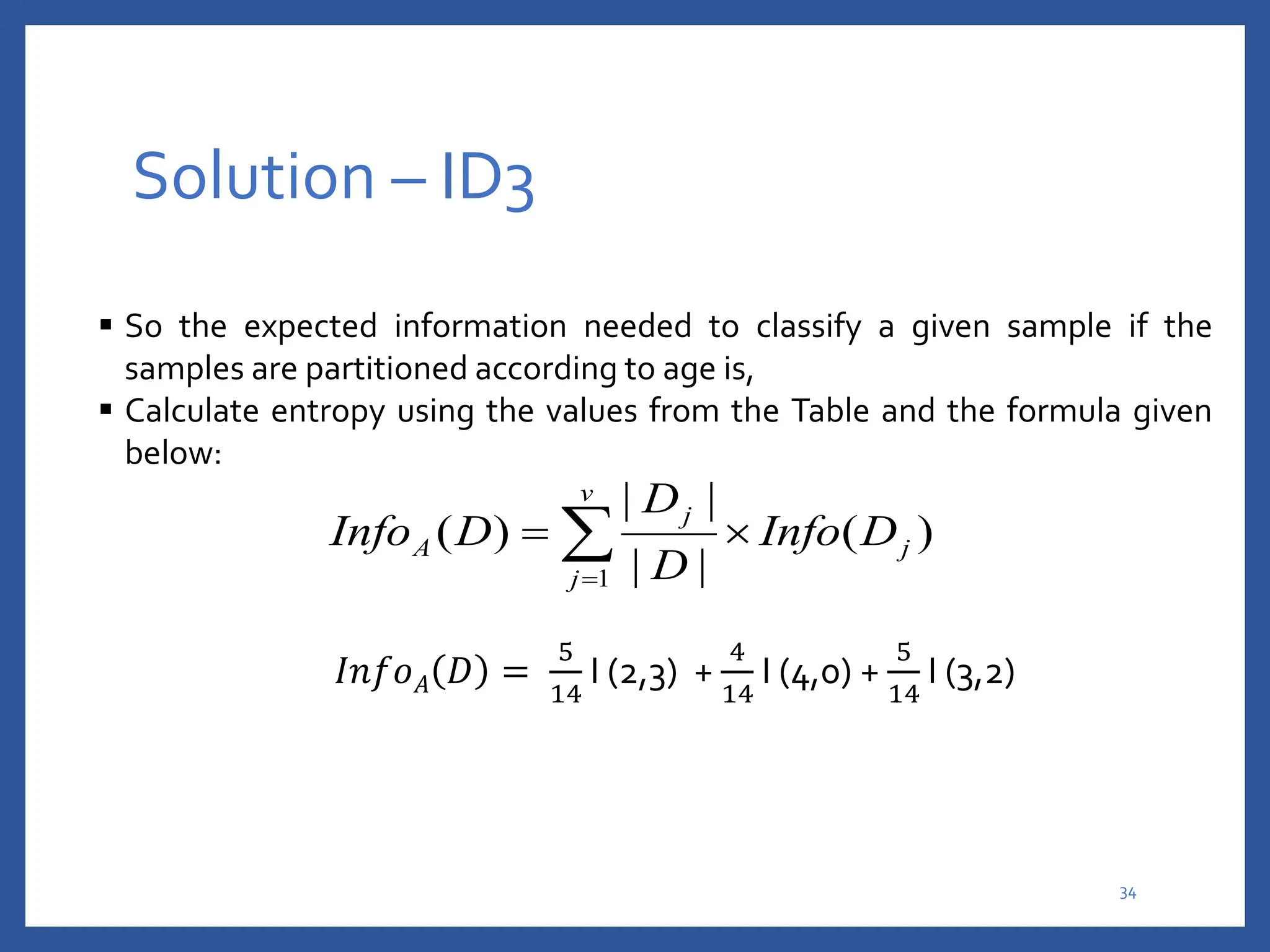 Solution – ID3
 So the expected information needed to classify a given sample if the
samples are partitioned according to age is,
 Calculate entropy using the values from the Table and the formula given
below:
𝐼𝑛𝑓𝑜𝐴 𝐷 =
5
14
I (2,3) +
4
14
I (4,0) +
5
14
I (3,2)
34
)
(
|
|
|
|
)
(
1
j
v
j
j
A D
Info
D
D
D
Info 
 

 
