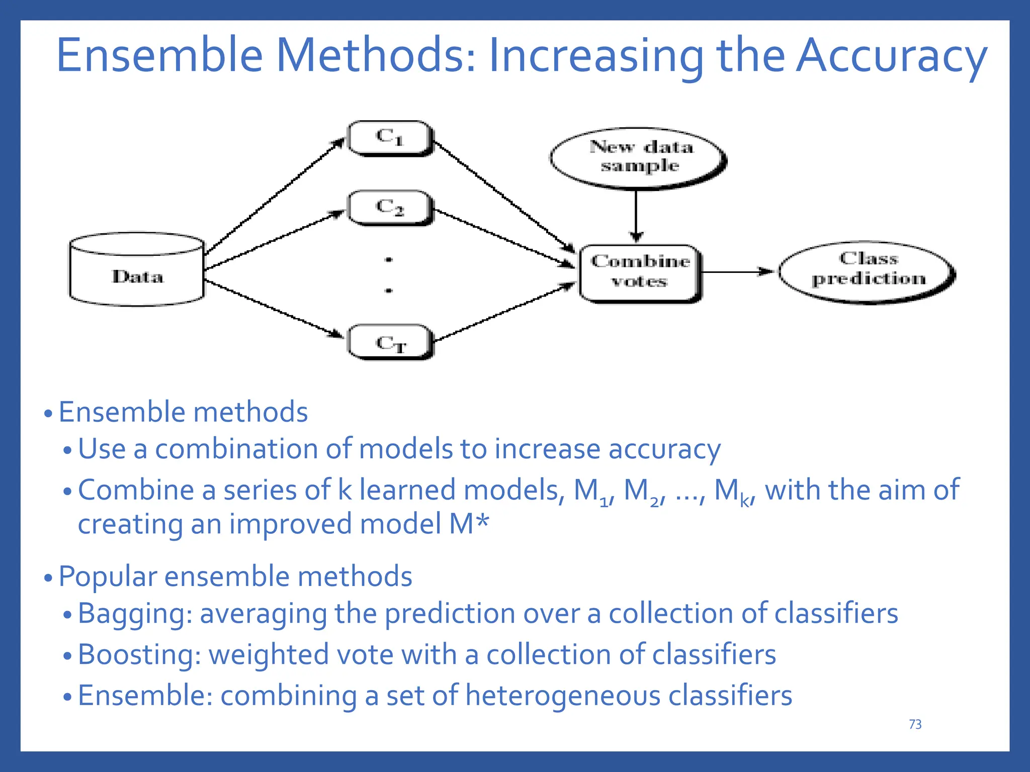 Ensemble Methods: Increasing the Accuracy
• Ensemble methods
• Use a combination of models to increase accuracy
• Combine a series of k learned models, M1, M2, …, Mk, with the aim of
creating an improved model M*
• Popular ensemble methods
• Bagging: averaging the prediction over a collection of classifiers
• Boosting: weighted vote with a collection of classifiers
• Ensemble: combining a set of heterogeneous classifiers
73
 