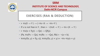 SRM
INSTITUTE OF SCIENCE AND TECHNOLOGY,
Delhi-NCR Campus
EXERCISES (RAA & DEDUCTION)
• ⊢ ∀x(X → Y ) → (¬∀x¬X → ¬∀x¬Y )
• If x is not free in Y , then ⊢ ¬(∀xX → Y ) → ∀x¬(X → Y )
• ⊢ ∀x((x ≈ f(y)) → Qx) → Qf(y).
• {Pa, ∀x(Px → Qx), ∀x(Rx → ¬Qx), Rb} ⊢ ¬(a ≈ b).
• ∀x∀y(f(x, y) ≈ f(y, x)), ∀x∀y(f(x, y) ≈ y) ⊨ ¬∀x¬∀y(x ≈ y)
 