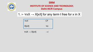 SRM
INSTITUTE OF SCIENCE AND TECHNOLOGY,
Delhi-NCR Campus
1. ⊢ ∀xX → X[x/t] for any term t free for x in X
X[x/t] ∀e
∀xX CP
∀xX → X[x/t] →i
 