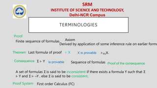 SRM
INSTITUTE OF SCIENCE AND TECHNOLOGY,
Delhi-NCR Campus
TERMINOLOGIES
Finite sequence of formulas
Proof
Axiom
Derived by application of some inference rule on earlier formu
Theorem ⊢ X X is provable
Σ ⊢ Y
Last formula of proof ⊢FCX.
A set of formulas Σ is said to be inconsistent if there exists a formula Y such that Σ
⊢ Y and Σ ⊢ ¬Y , else Σ is said to be consistent.
Proof of the consequence
Consequence is provable
Proof System First order Calculus (FC)
Sequence of formulas
 