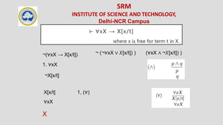 SRM
INSTITUTE OF SCIENCE AND TECHNOLOGY,
Delhi-NCR Campus
⊢ ∀xX → X[x/t]
where x is free for term t in X.
¬(∀xX → X[x/t])
1. ∀xX
¬X[x/t]
X[x/t] 1, (∀)
¬ (¬∀xX ∨ 𝑋[x/t]) ) (∀xX ∧ ¬𝑋[x/t]) )
∀xX
X
 