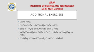 SRM
INSTITUTE OF SCIENCE AND TECHNOLOGY,
Delhi-NCR Campus
ADDITIONAL EXERCISES
• {∃xPx, ¬Pc}.
• {∃xPx ∧ ∃xQx, ¬∃x(Px ∧ Qx), ∀xPx → Ps}.
• {∀x(Px → Qx), ∃xPx, ∀x¬Qx, ∃xPx ∨ ¬Pc}.
• ∀x(∃y(Pxy ∧ Qy) → ∃z(Rz ∧ Pxz)) _ ¬∃xRx → ∀x∀y(Pxy →
¬Qy).
• {∀x∃yPxy, ∀x∀y∀z((Pxy ∧ Pyz) → Pxz), ¬∃xPxx}.
 