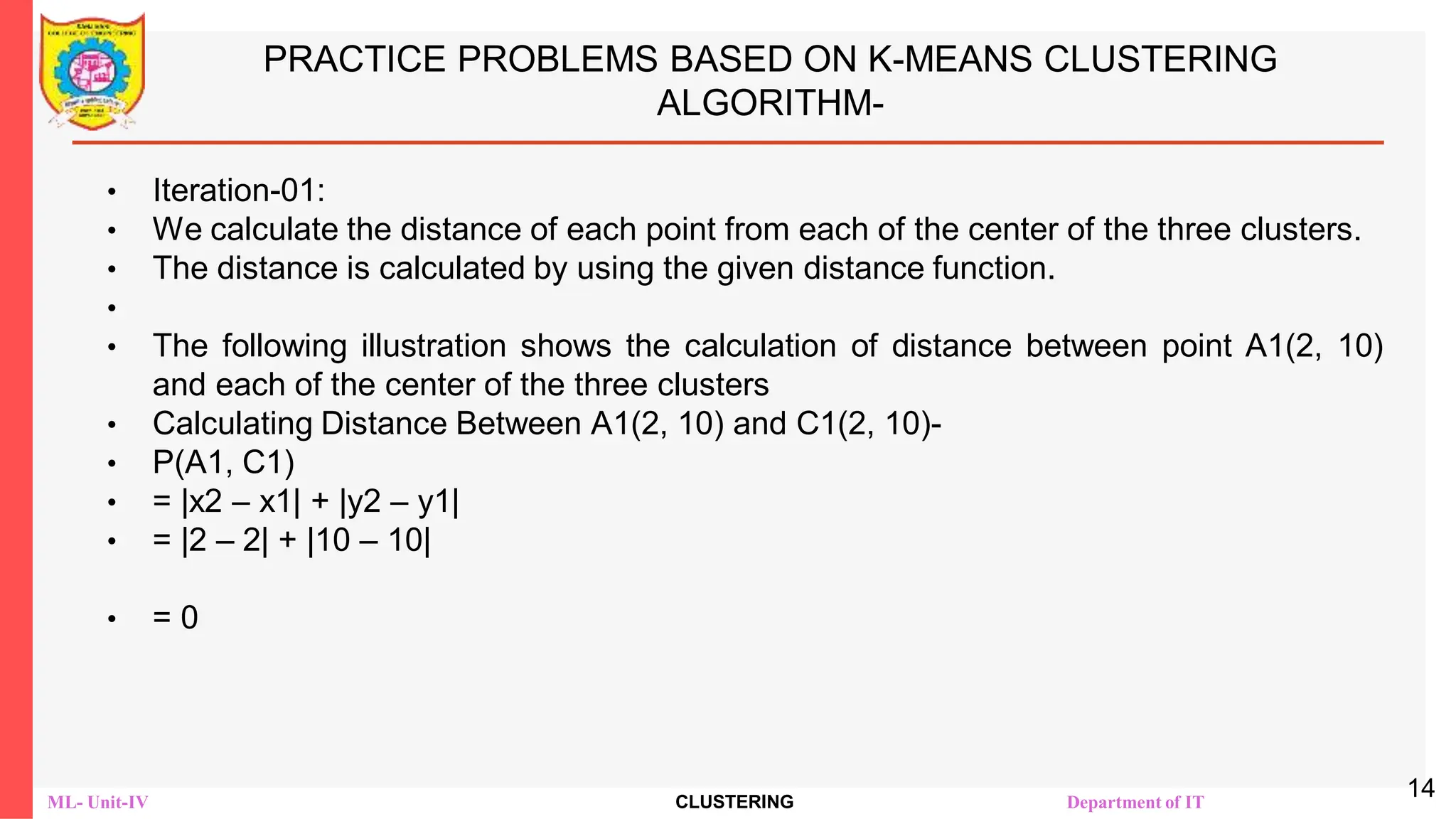 ML- Unit-IV CLUSTERING Department of IT
PRACTICE PROBLEMS BASED ON K-MEANS CLUSTERING
ALGORITHM-
• Iteration-01:
• We calculate the distance of each point from each of the center of the three clusters.
• The distance is calculated by using the given distance function.
•
• The following illustration shows the calculation of distance between point A1(2, 10)
and each of the center of the three clusters
• Calculating Distance Between A1(2, 10) and C1(2, 10)-
• Ρ(A1, C1)
• = |x2 – x1| + |y2 – y1|
• = |2 – 2| + |10 – 10|
• = 0
14
 