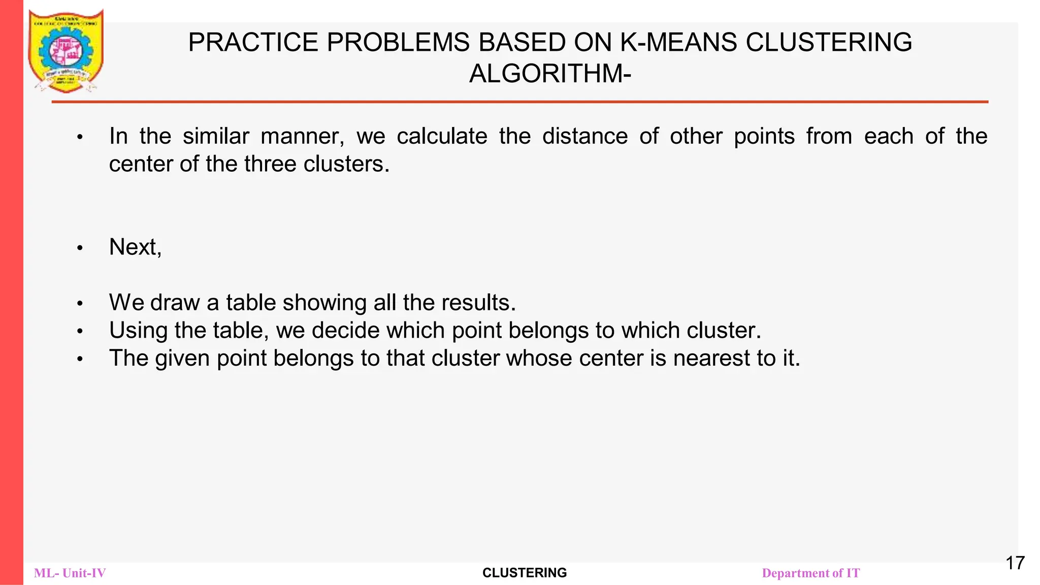 ML- Unit-IV CLUSTERING Department of IT
PRACTICE PROBLEMS BASED ON K-MEANS CLUSTERING
ALGORITHM-
• In the similar manner, we calculate the distance of other points from each of the
center of the three clusters.
• Next,
• We draw a table showing all the results.
• Using the table, we decide which point belongs to which cluster.
• The given point belongs to that cluster whose center is nearest to it.
17
 